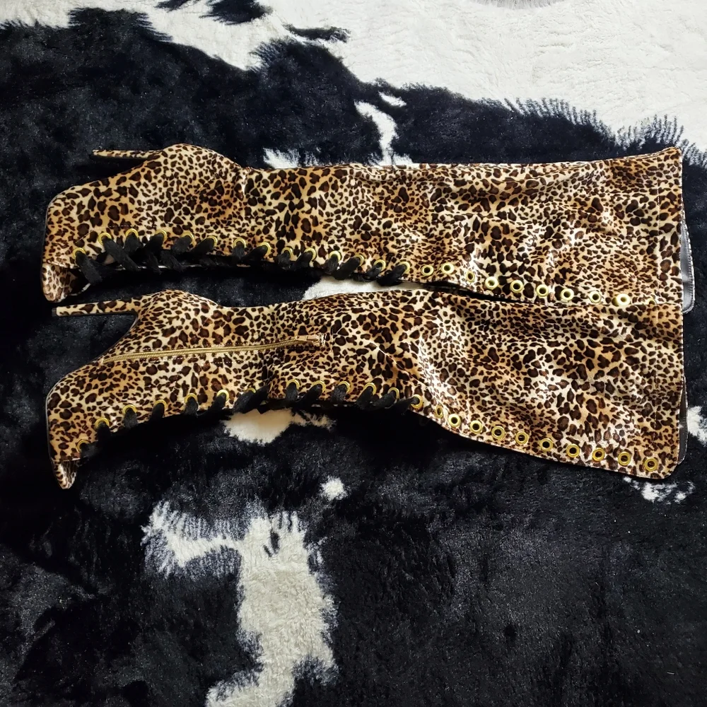 🔥SEXY🔥Camel Leopard Velvet OVER THE KNEE Boot - Picture 11 of 13